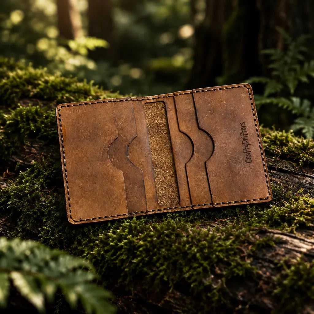 Style 6 hand-dyed leather bi-fold wallet open and empty on moss