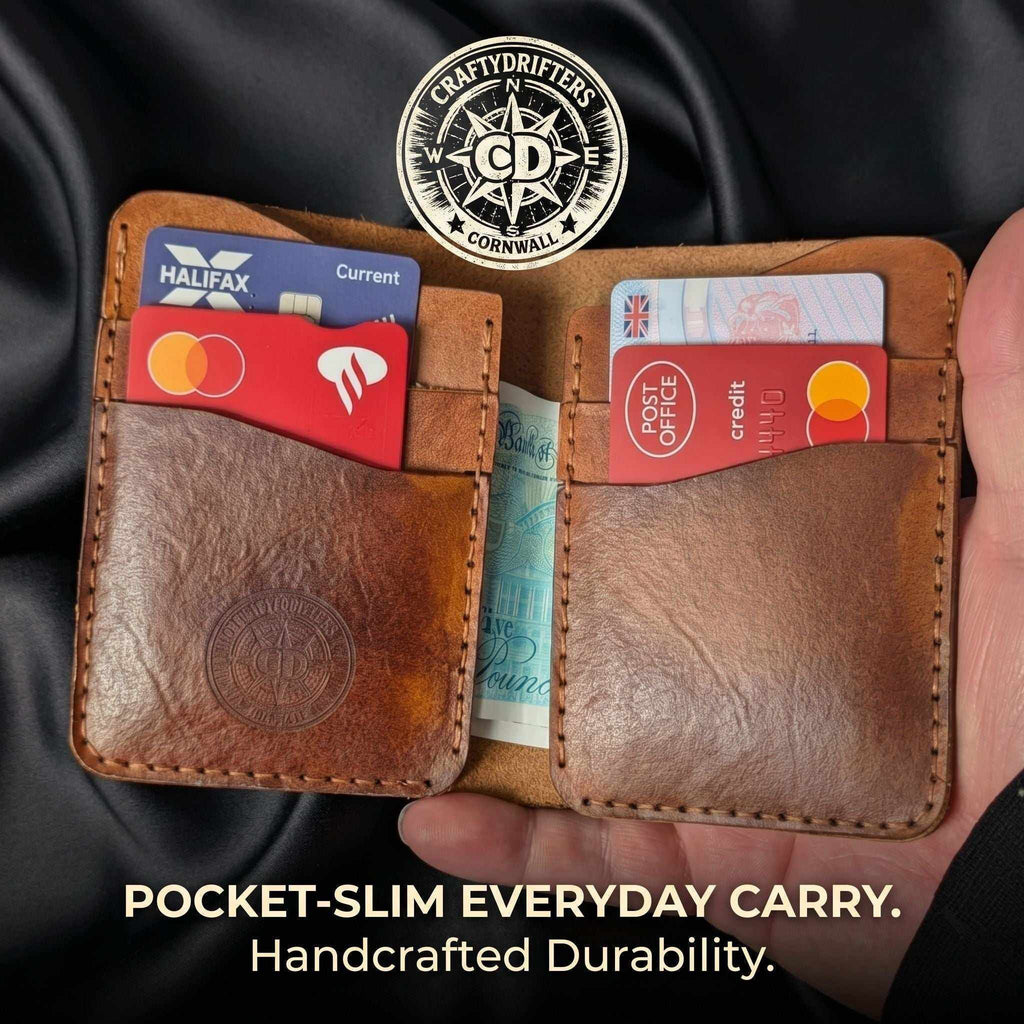 Handmade brown leather bifold wallet filled with credit cards and cash.
