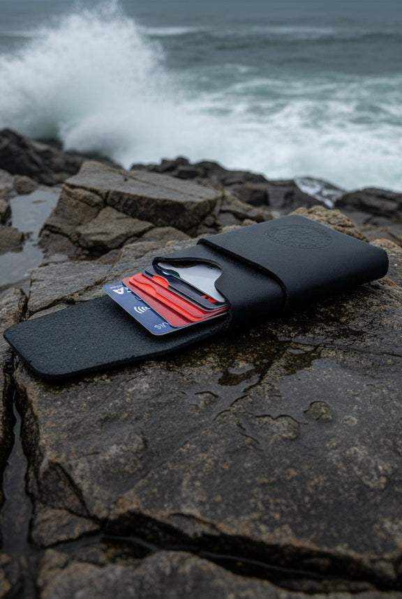 Black leather card holder wallet with credit cards on a rocky Cornish coastline