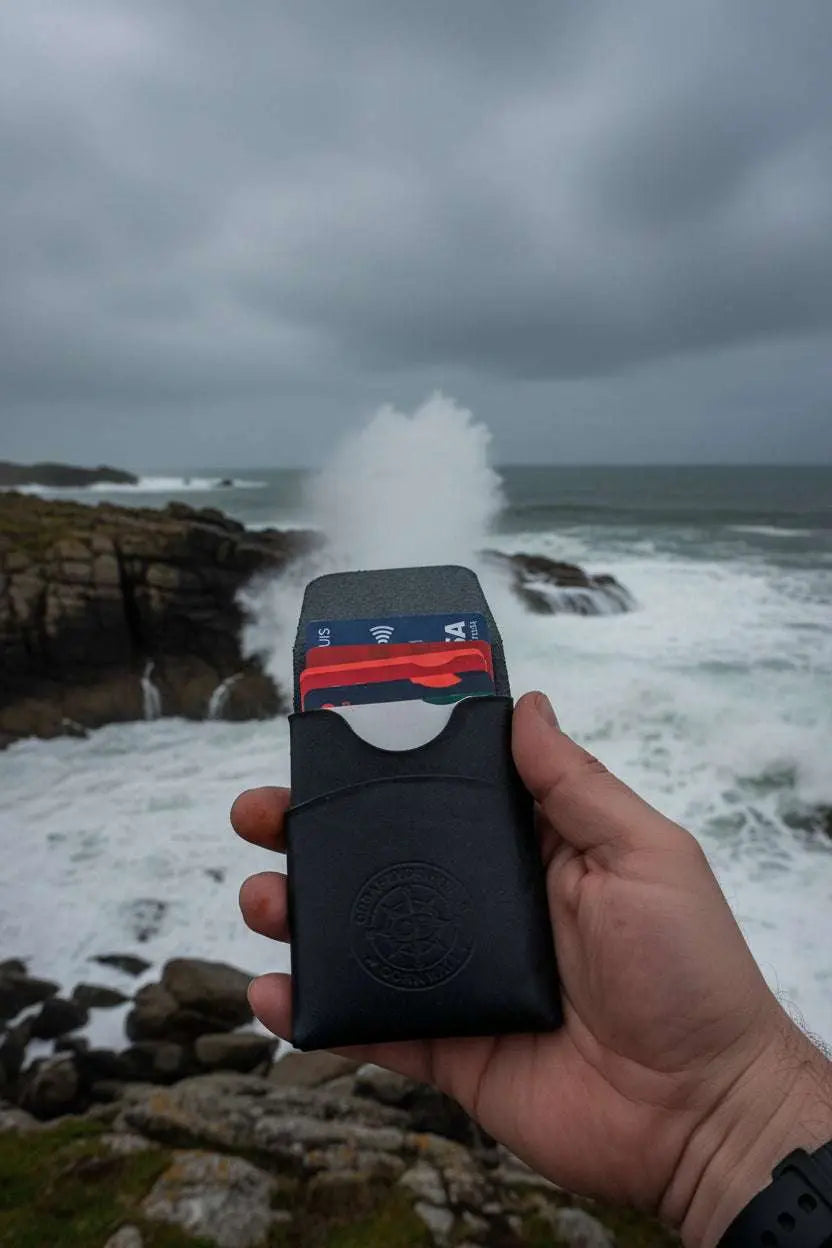 Hand holding a handmade leather card holder with cards against a crashing ocean backdrop.
