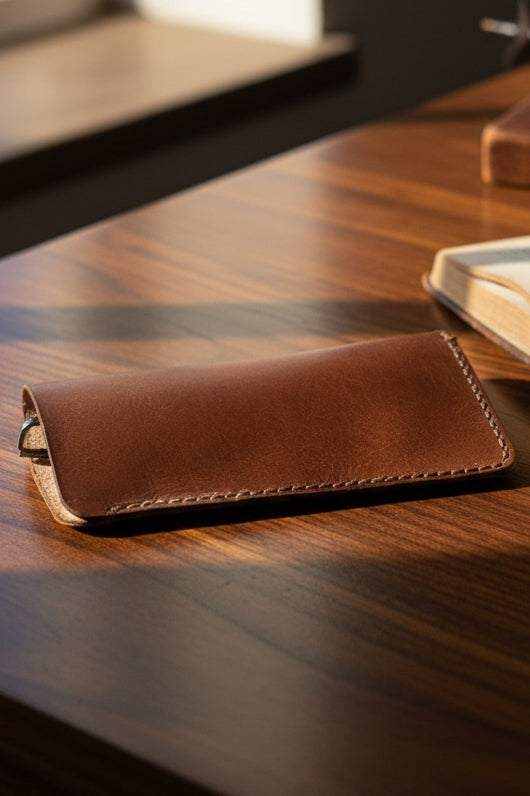 Handmade brown leather glasses case resting on a polished wooden desk surface