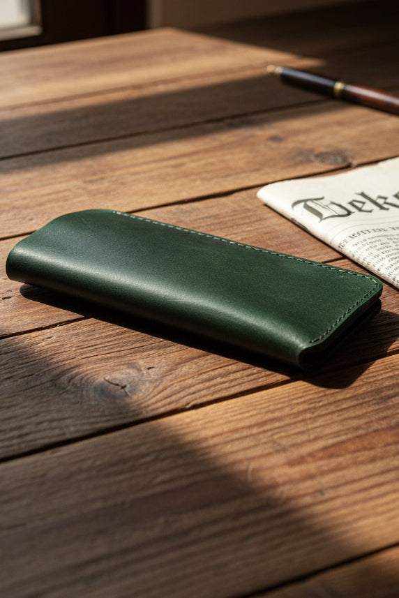 Handmade dark green leather glasses sleeve on a rustic wooden table with a pen and paper