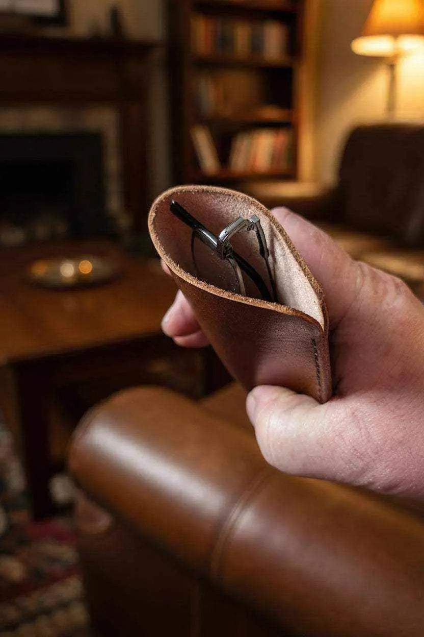 Hand holding a handmade brown leather glasses case with eyewear inside