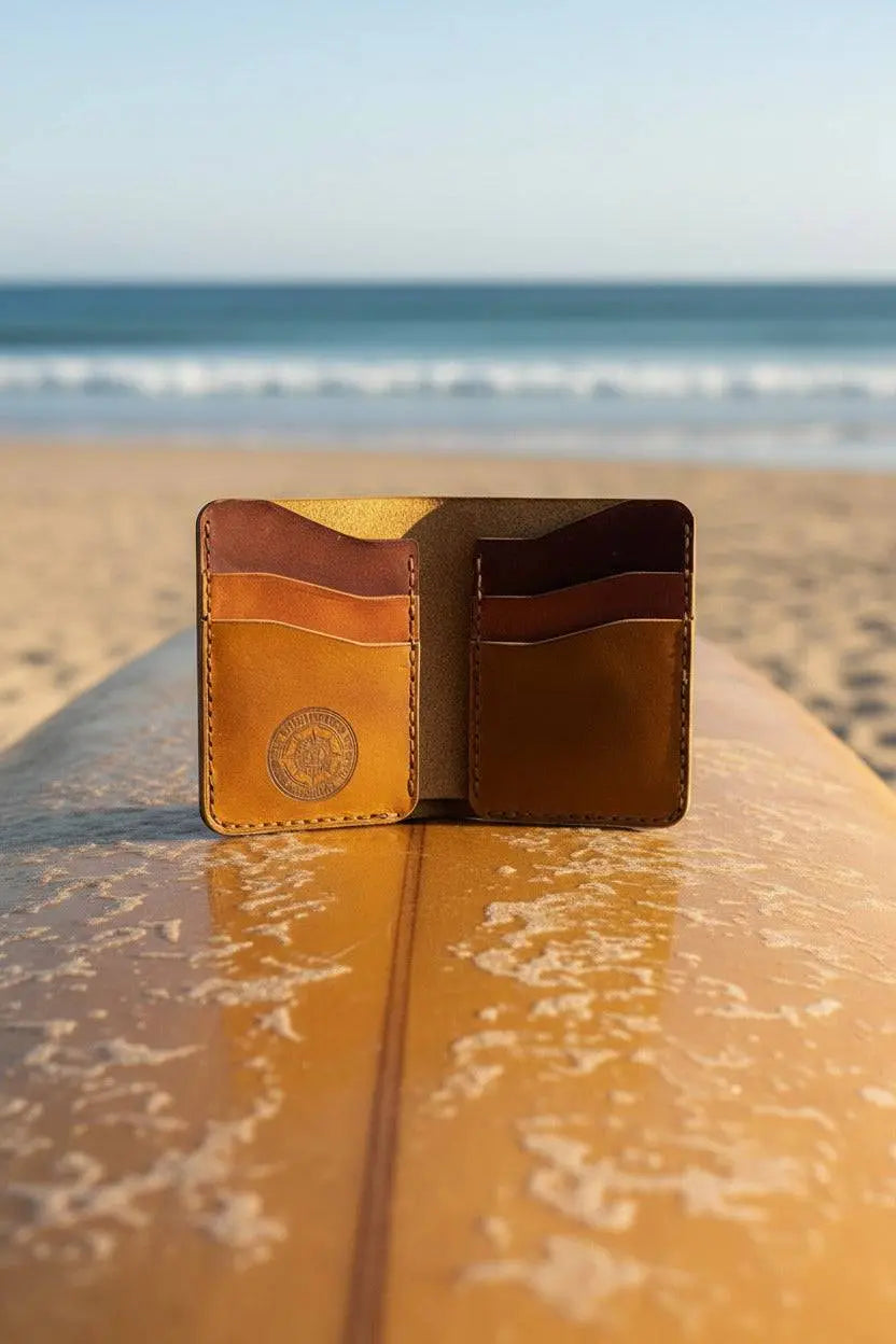 Handmade brown leather wallet resting on a surfboard at a sandy beach
