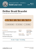 Drifter Braid Bracelet leather kit info card – pre-cut veg-tan strap, no tools, glue or stitching