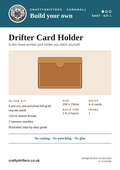 Drifter Card Holder leather kit info card – pre-cut veg-tan pieces, no cutting, punching or glue needed