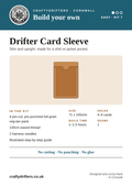 Drifter Vertical Card Sleeve leather kit info card – pre-cut veg-tan pieces, no cutting, punching or glue needed