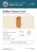 Drifter Glasses Case leather kit info card – pre-cut veg-tan pieces, no cutting, punching or glue needed