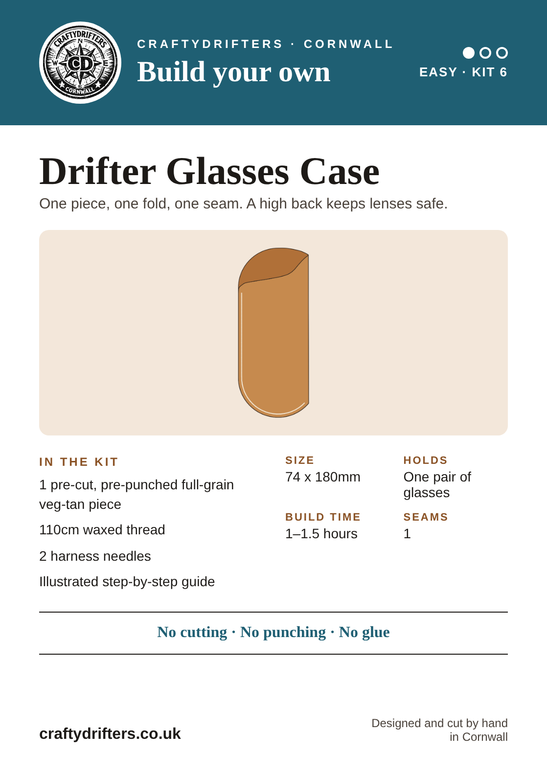 Drifter Glasses Case leather kit info card – pre-cut veg-tan pieces, no cutting, punching or glue needed