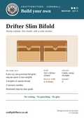 Drifter Slim Bifold leather kit info card – pre-cut veg-tan pieces, no cutting, punching or glue needed