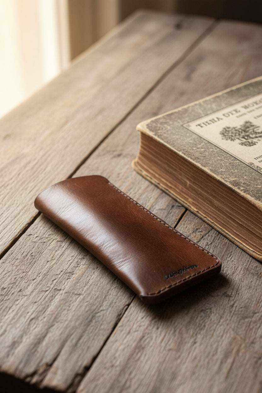 Handmade brown leather glasses case resting on a rustic wooden table next to an old book.