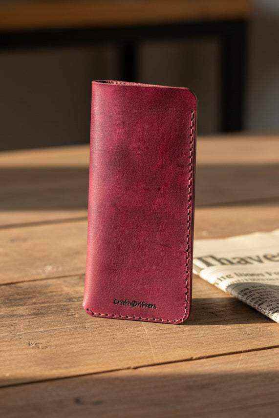 Handmade oxblood leather glasses sleeve with stitching and branding on a rustic wooden surface