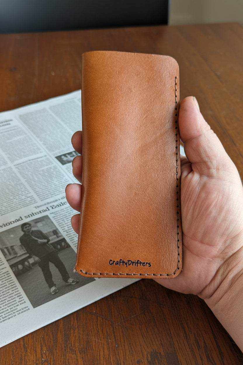 Hand holding a tan handmade leather glasses sleeve by CraftyDrifters over a newspaper
