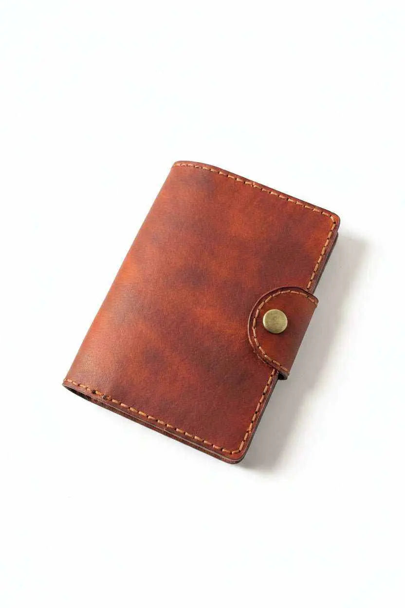 Handmade brown leather passport cover with a snap closure and visible stitching