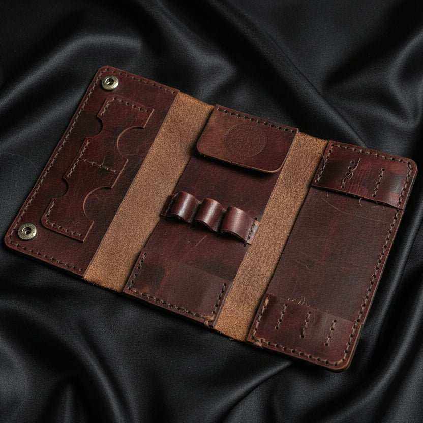 Open handmade brown leather Darts Case craftydrifters.co.uk