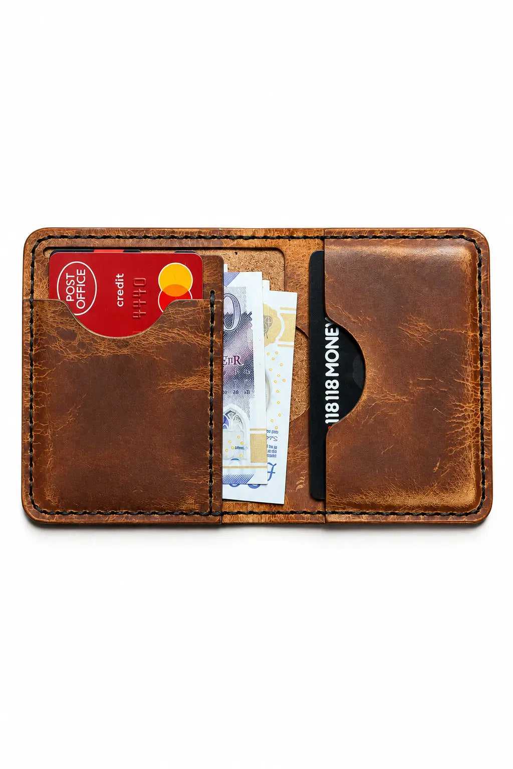 Style Bi-Fold handmade wallet open with card slots and a note section in use