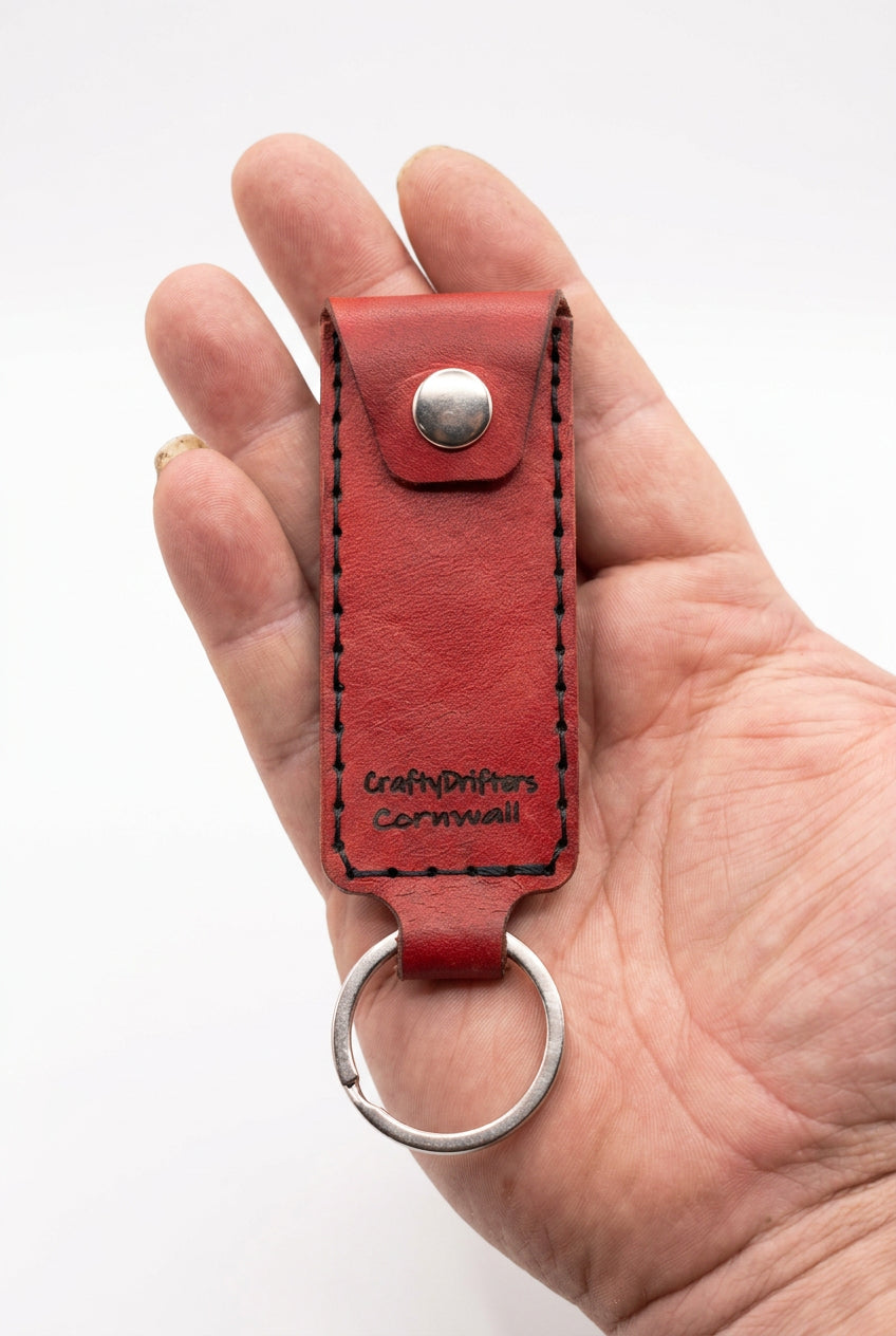 Red leather emergency cash key ring with snap closure and split ring