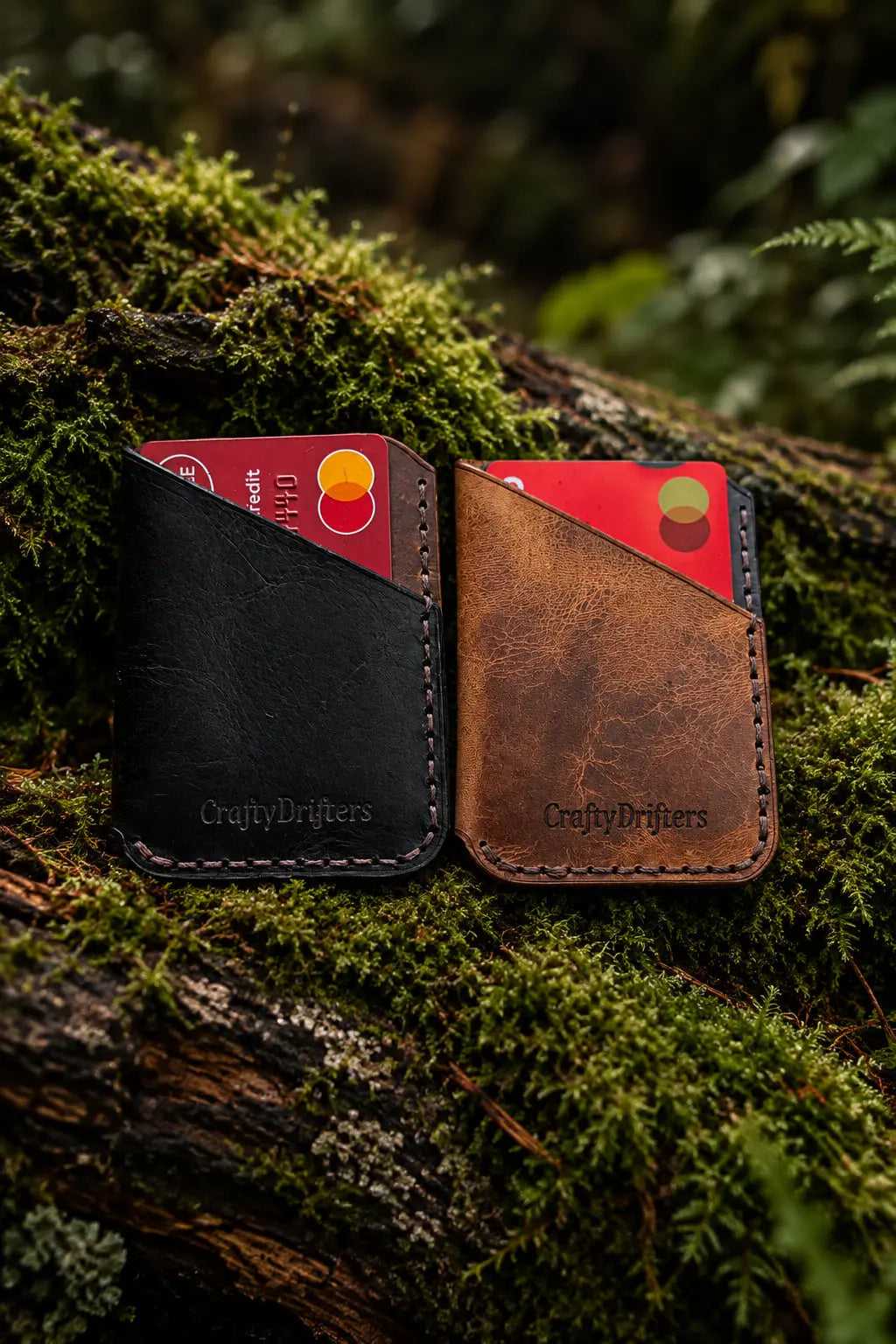 Two Badalassi Carlo leather card wraps in contrasting colourways, on moss