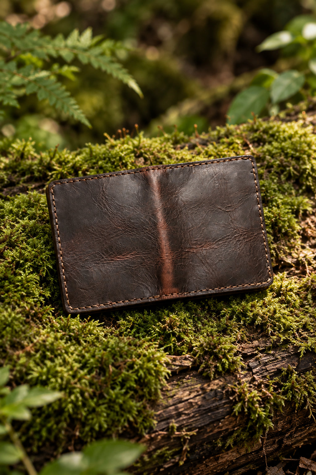 Dark brown Badalassi leather bi-fold with Cornish tartan lining, closed on moss