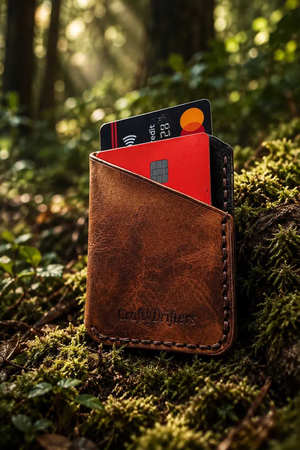 Badalassi leather card wrap holding a red bank card