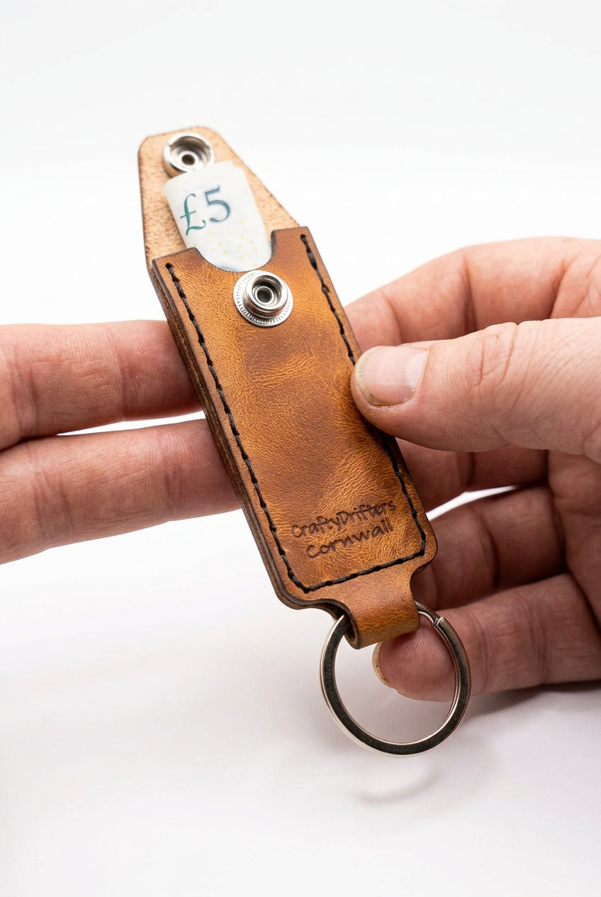 Tan leather emergency cash key ring with a folded £5 note tucked inside