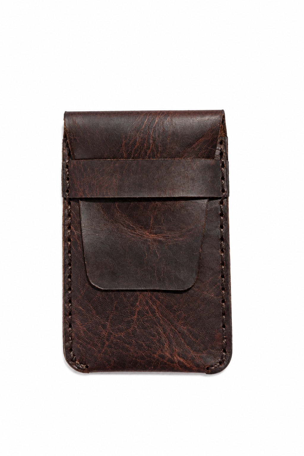 Dark brown Badalassi Carlo wax leather card sleeve with tuck flap, front view