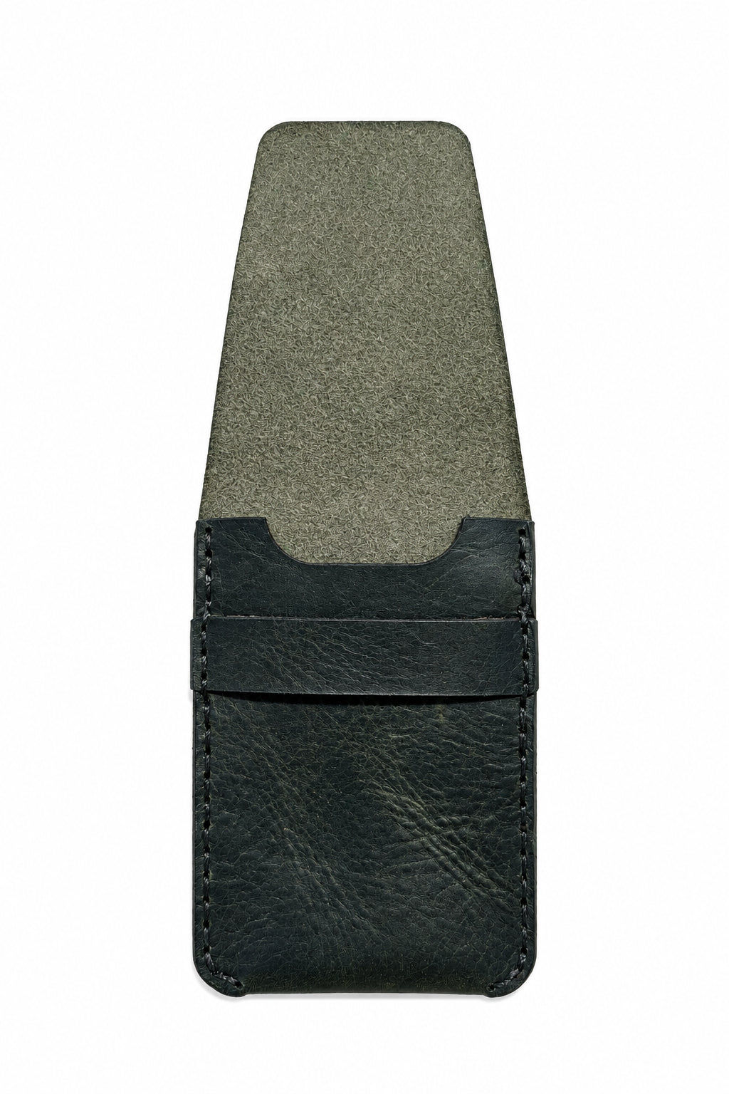 Green Badalassi Carlo leather card sleeve with the flap opened out