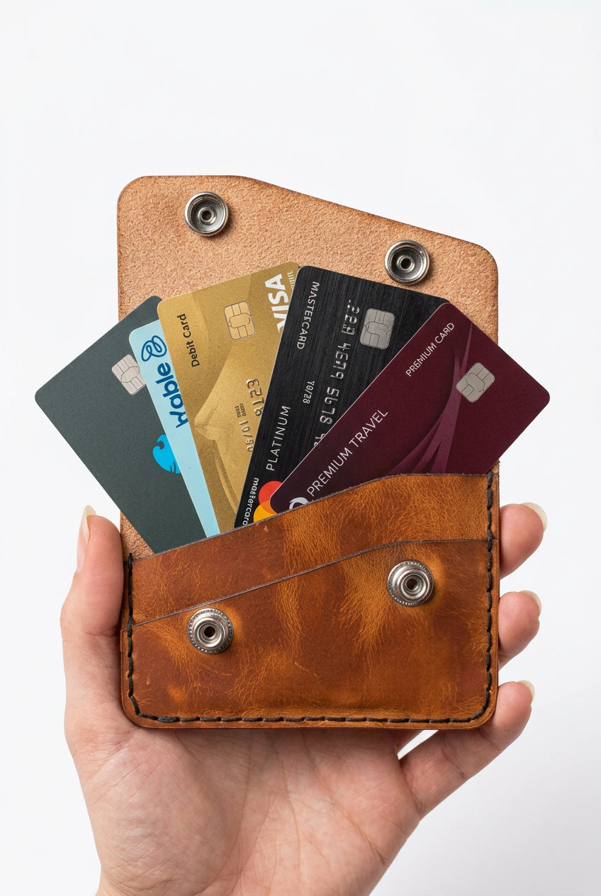 Tan leather two-pocket card and cash purse holding fanned-out bank cards