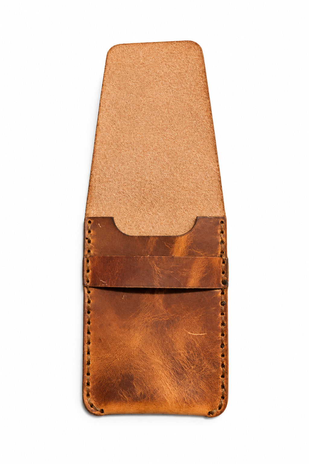 Tan Badalassi Carlo leather card sleeve with the flap opened out