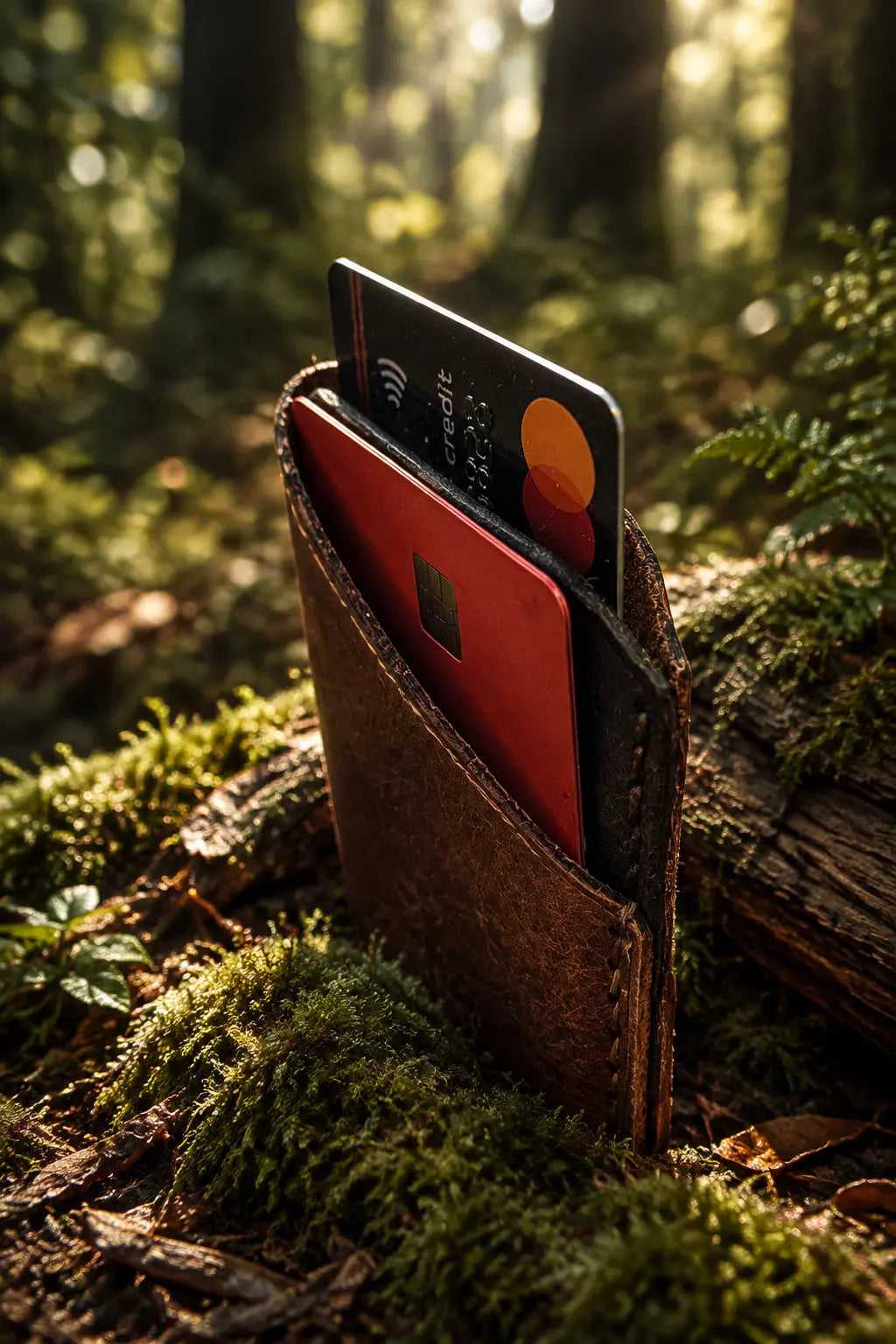 Minimalist leather card wrap with cards inside, side view