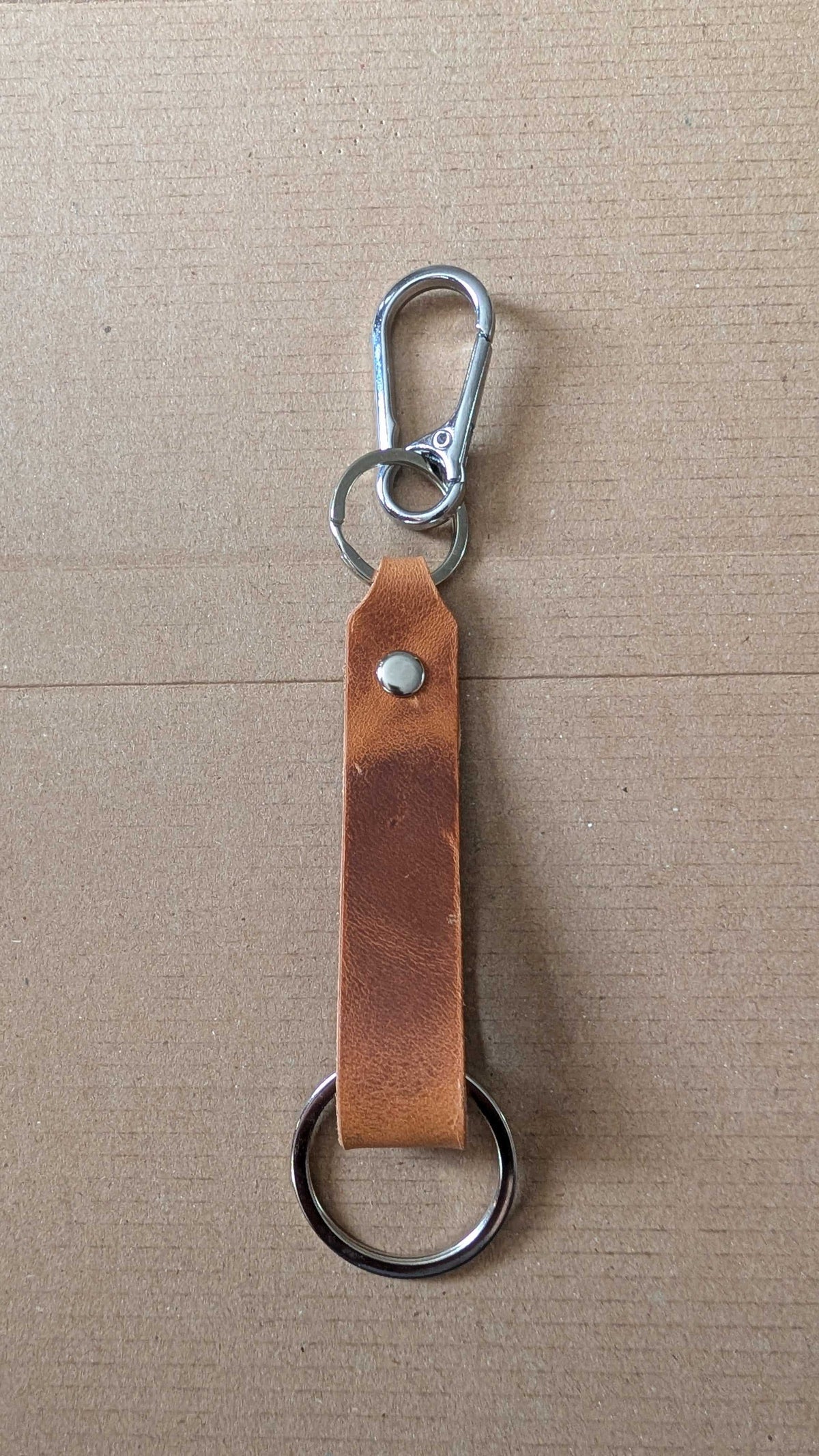 Tan leather strap keyring with split ring and trigger clip, handmade in Cornwall