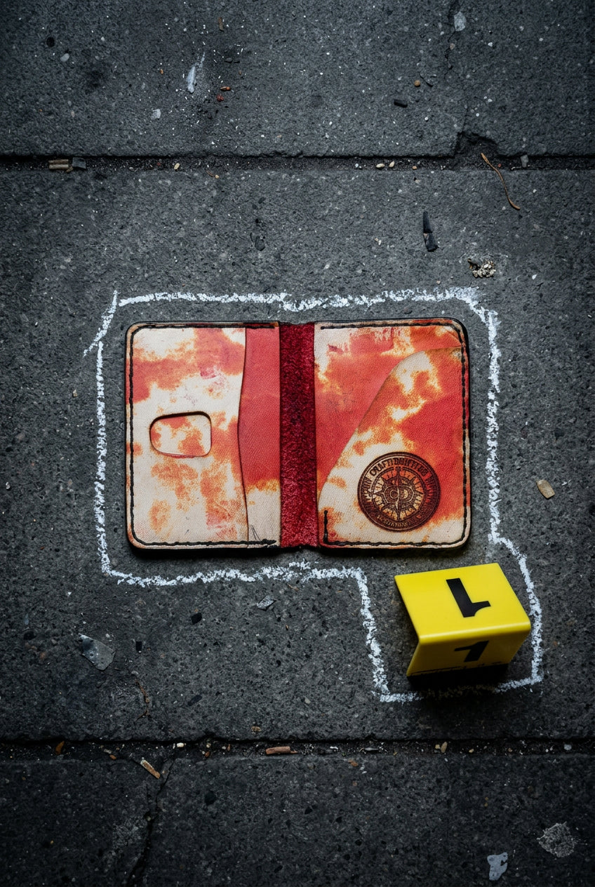 Devonport CSI Halloween bi-fold wallet in red splatter-print leather, on a chalk outline