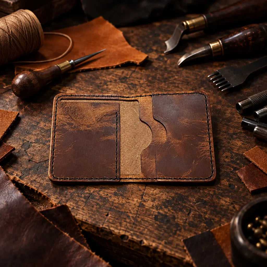 Style Bi-Fold Italian wax leather wallet open on a stone surface
