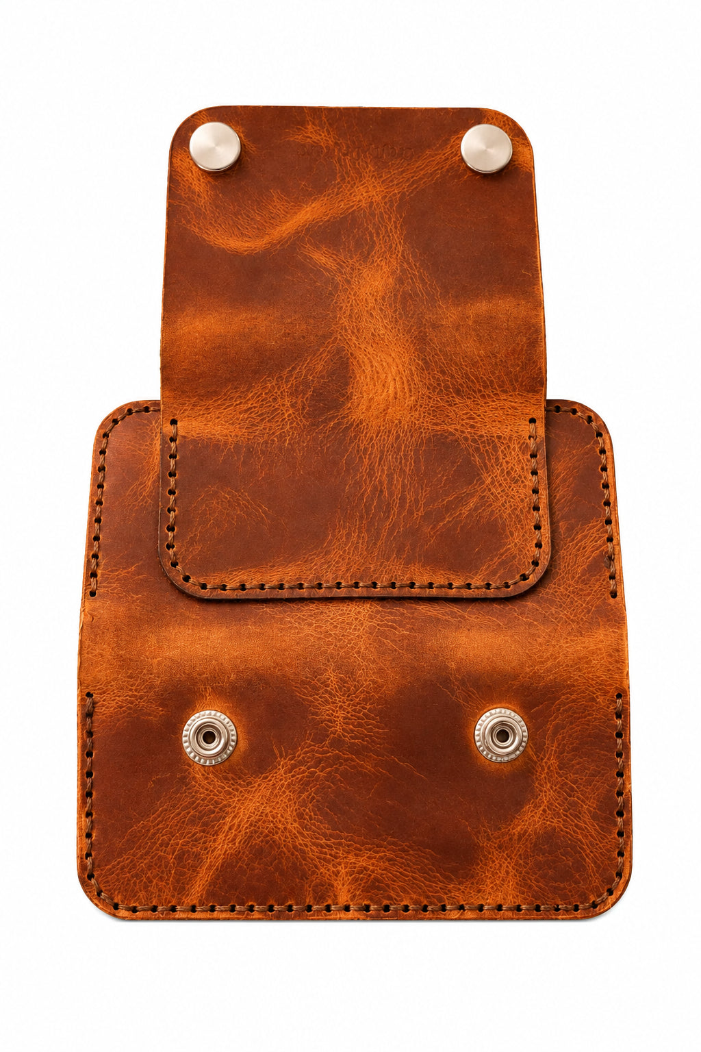 Tan leather darts case with the press-stud flap lifted