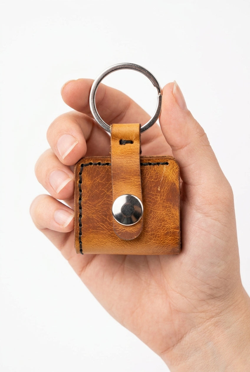 Tan leather KeyChain Micro Wallet closed with a press stud, held in hand