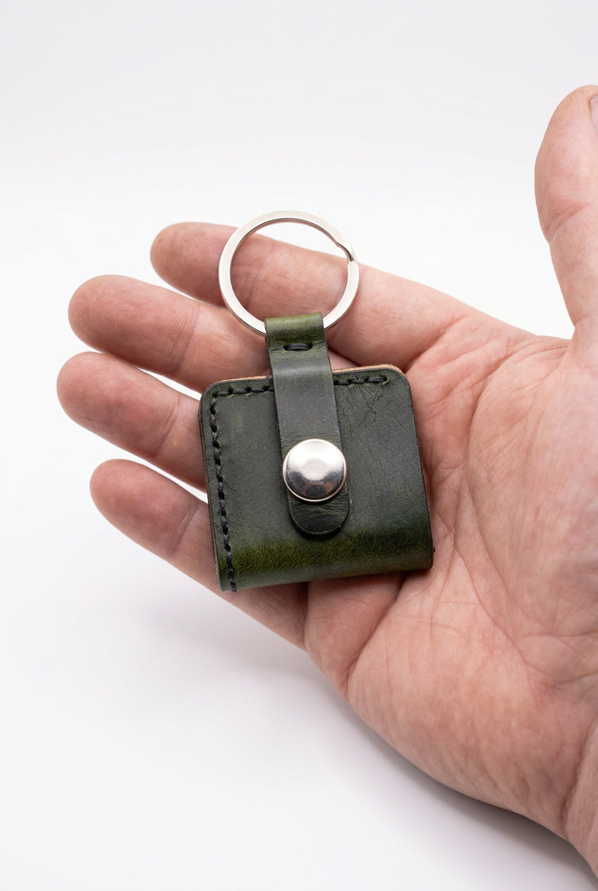 Green leather KeyChain Micro Wallet closed with a press stud, held in hand