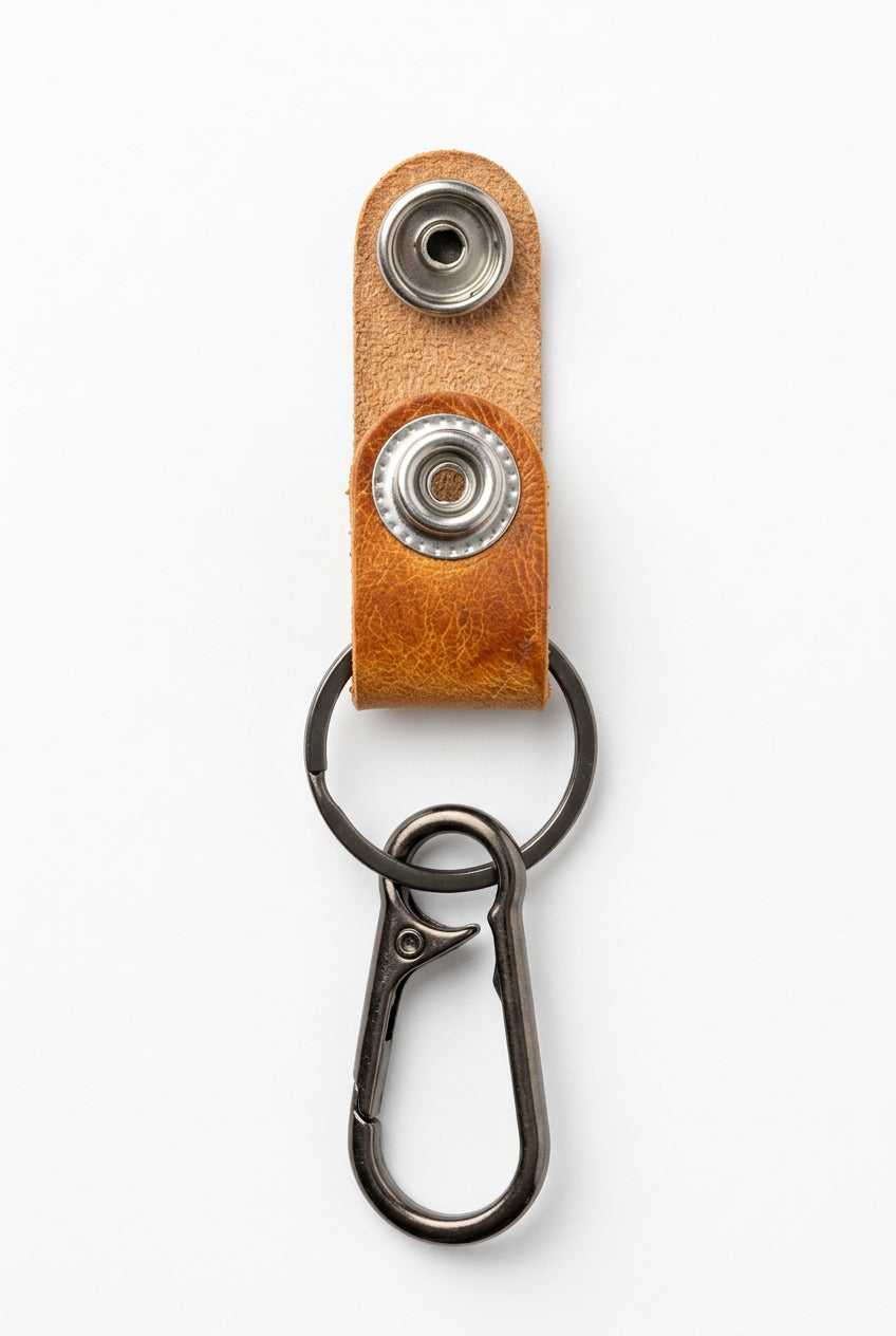Tan leather bag handle keyring with two snaps, split ring and trigger clip
