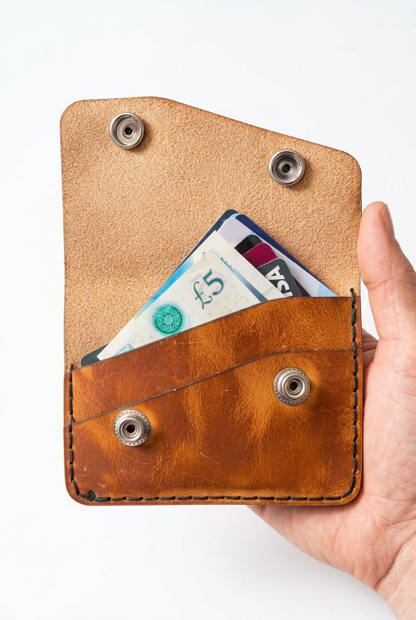 Tan leather two-pocket card and cash purse with cards and a £5 note inside