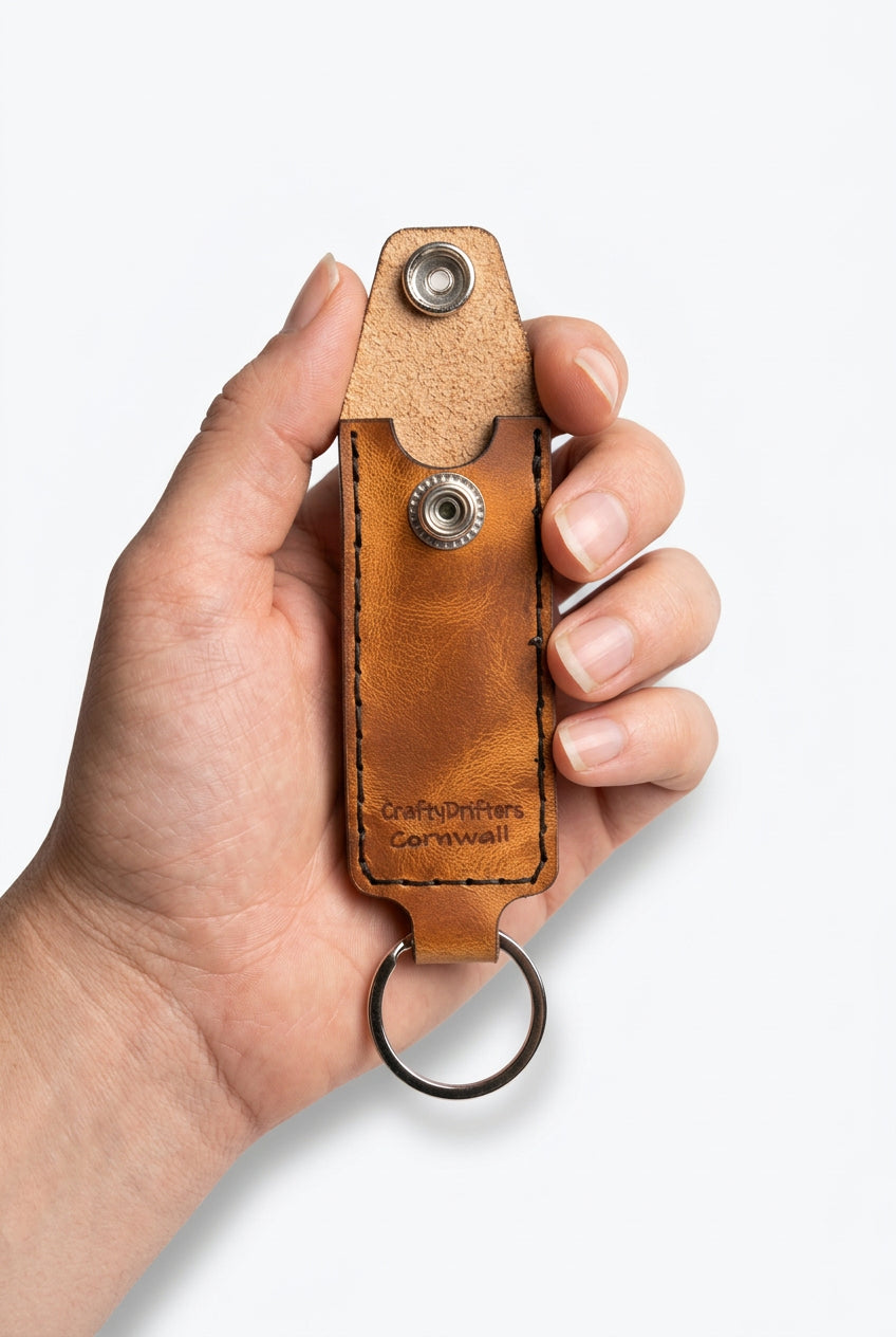 Handmade tan leather emergency cash key ring with snap closure, held in hand