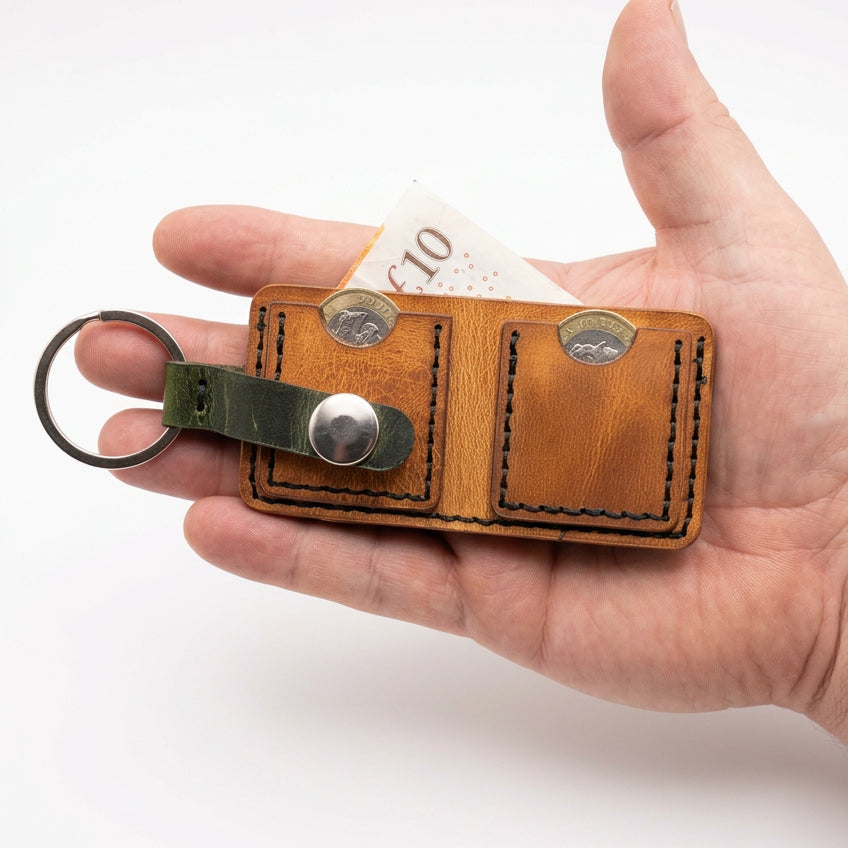 Tan KeyChain Micro Wallet open with £1 coins and a £10 note, green leather tab