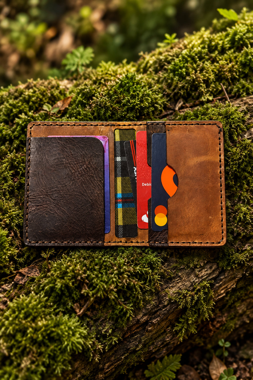 Badalassi leather bi-fold with Cornish tartan lining, open with bank cards inside