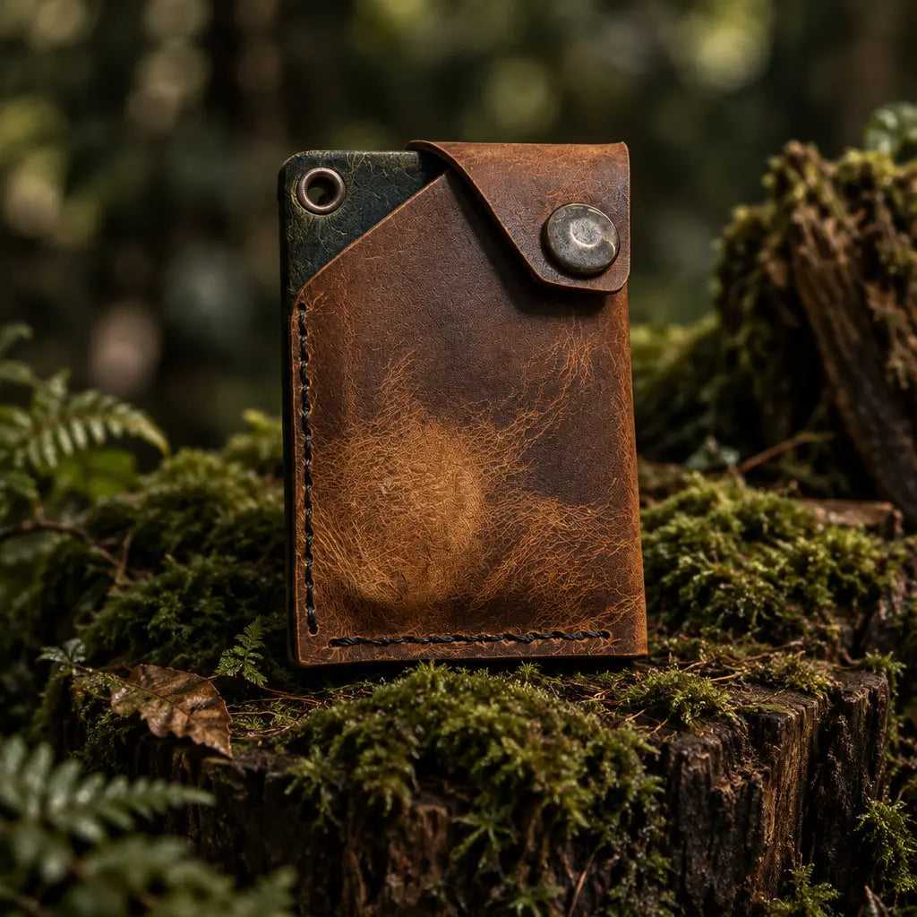 The Woodland handmade leather wallet closed, showing the snap fastening