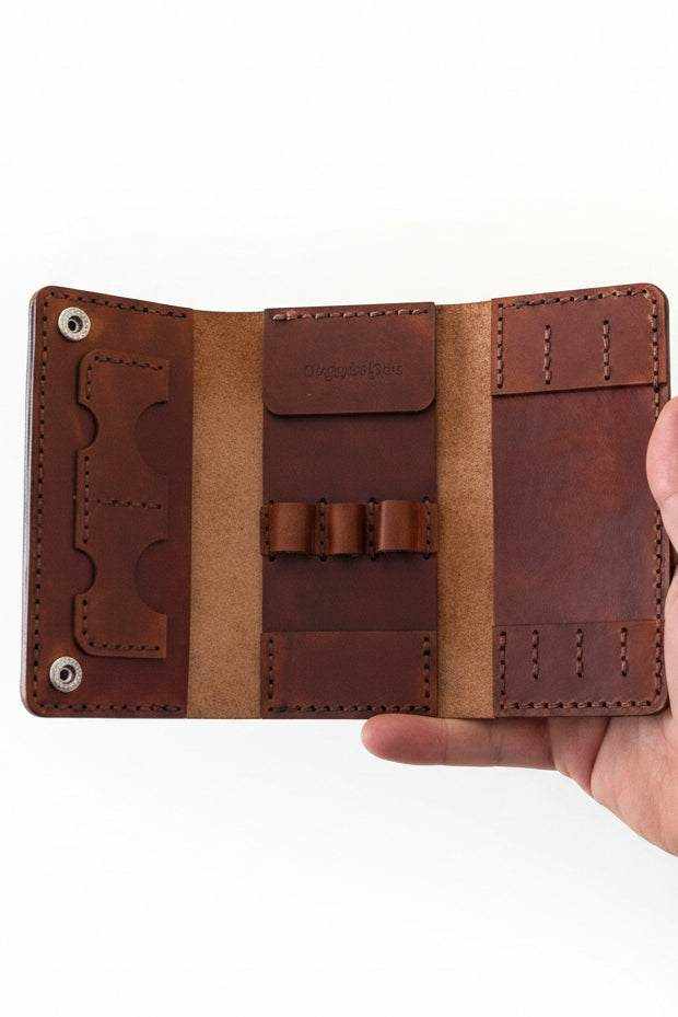 Open view of a handmade brown leather Darts Case made in the UK