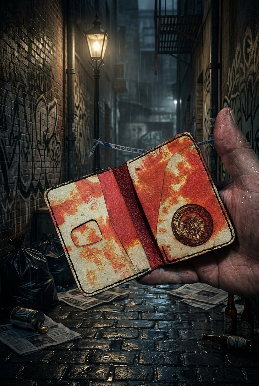 Devonport CSI Halloween leather bi-fold wallet held open in a dark alley scene