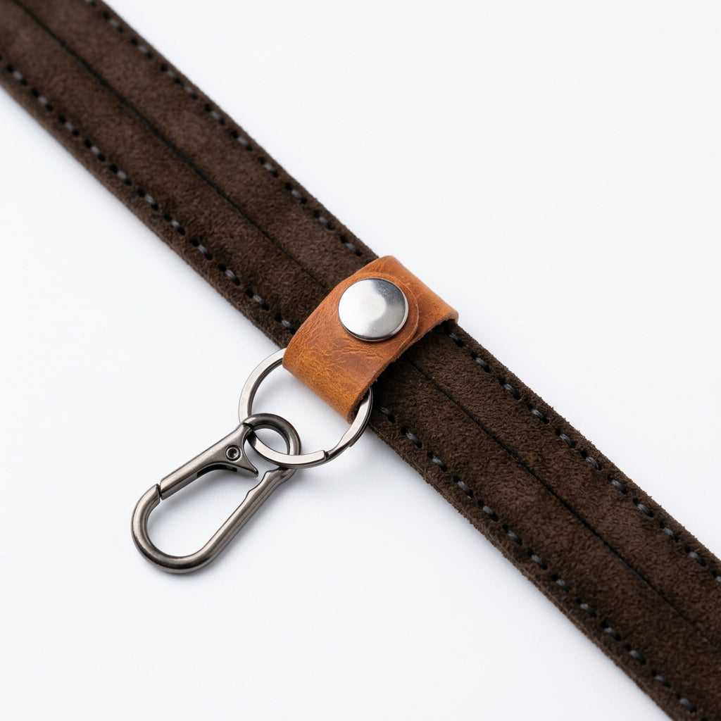 Tan leather bag handle keyring with snap loop and trigger clip, fastened to a bag strap