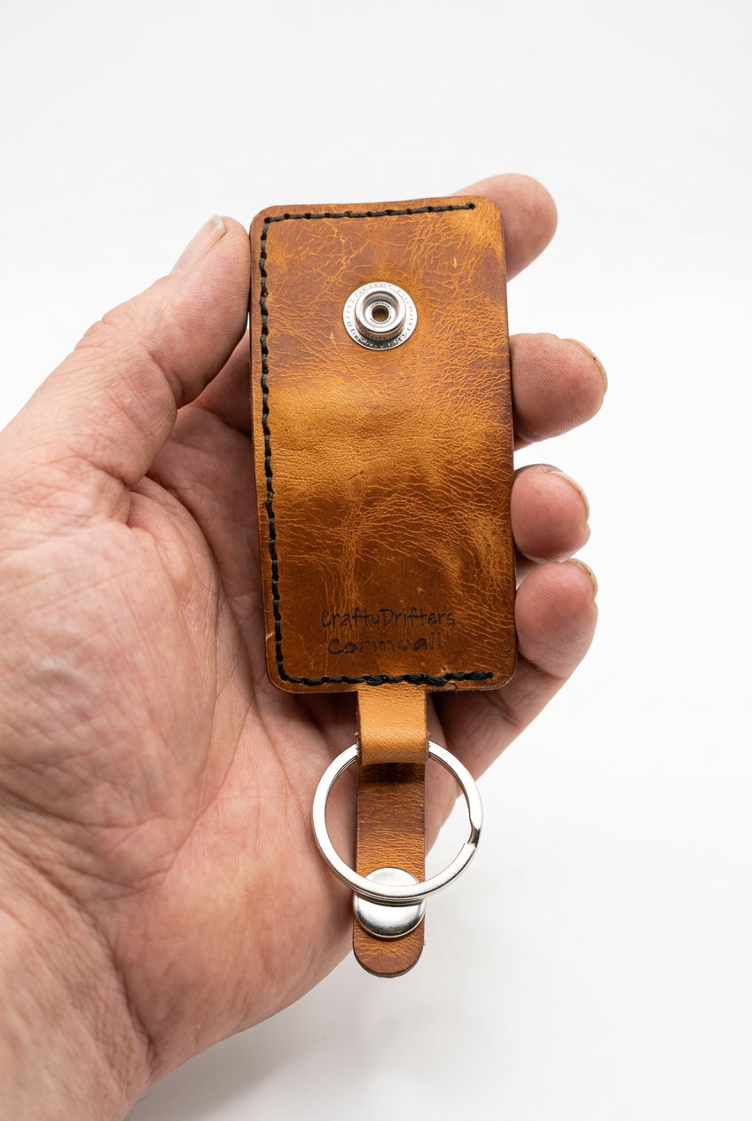 Tan KeyChain Micro Wallet closed, back view with press stud and key ring