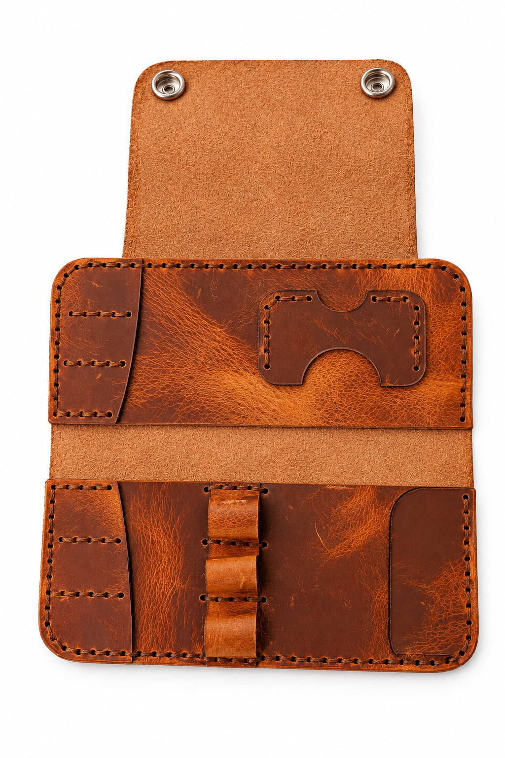 Tan leather darts case opened out, showing dart loops and card slots