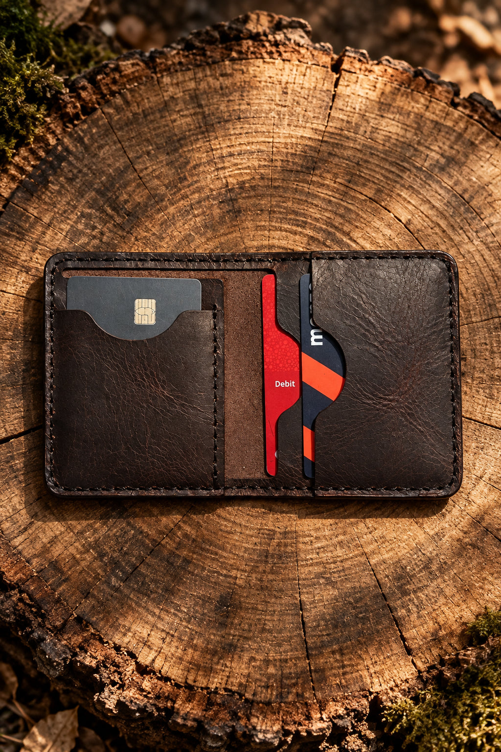 Slim Premium bi-fold wallet in dark brown Badalassi leather, open with bank cards, on a tree stump