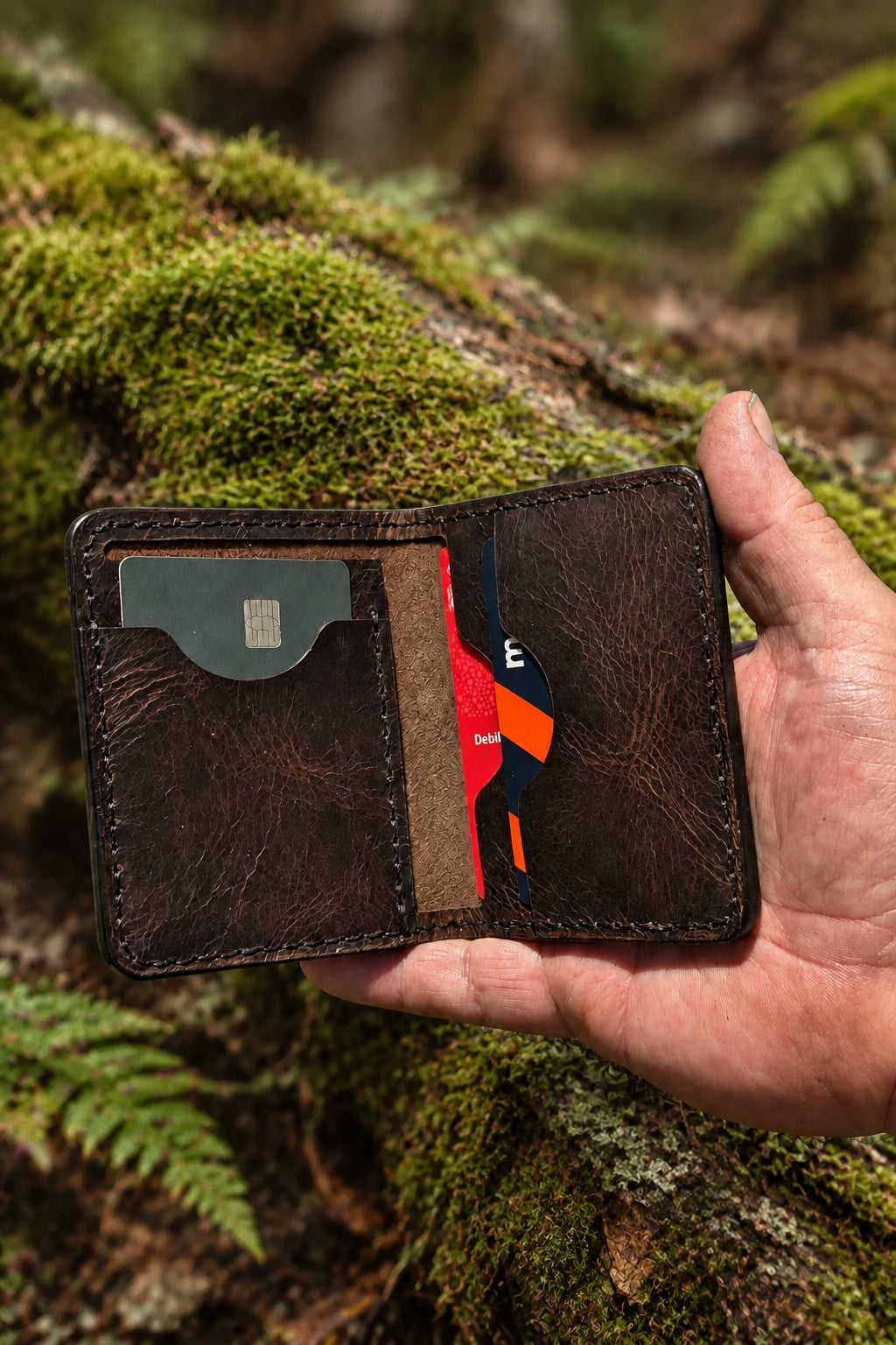 Slim Premium Badalassi leather bi-fold held open, bank cards in the pockets