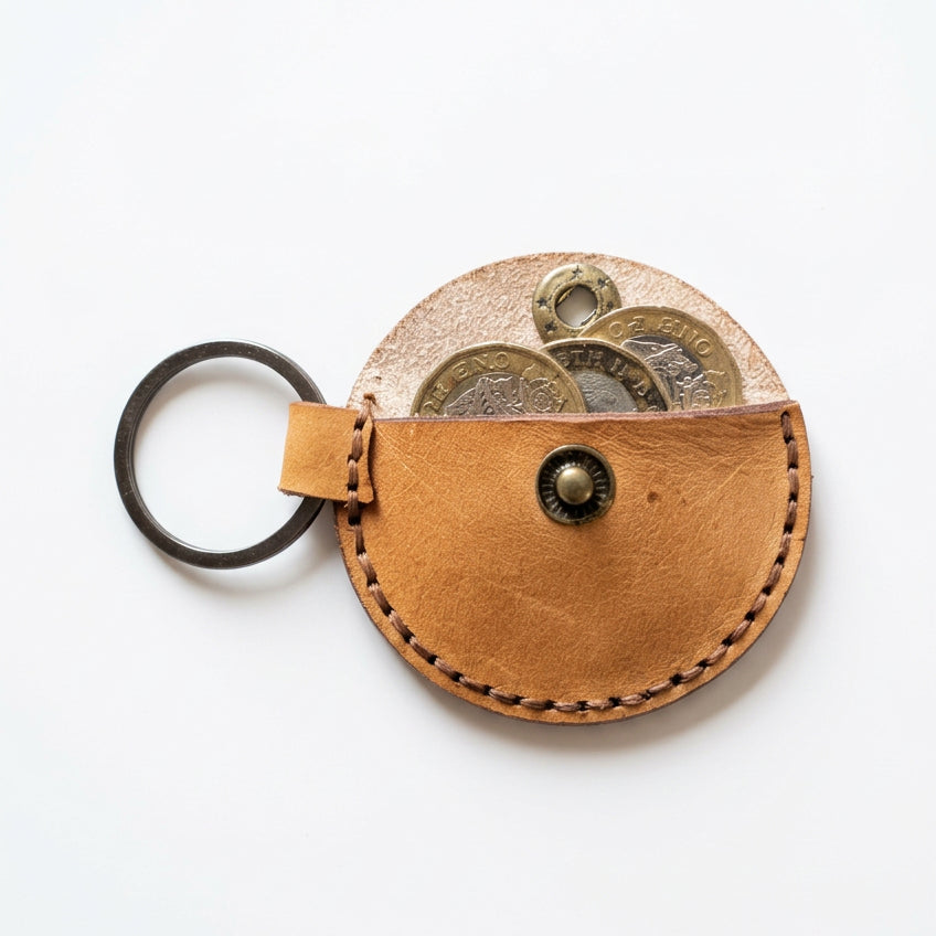 Cornish pasty leather keyring open, holding coins, hand-stitched in Cornwall